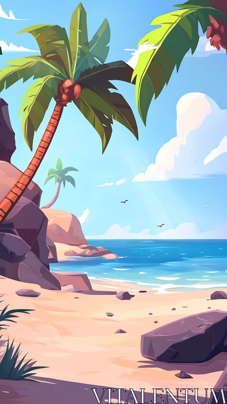 Tropical Coastal Paradise: Palm-Laden Shoreline with Geometric Seascape.