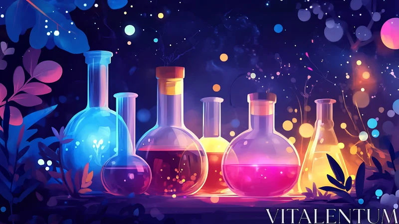Luminous potion glassware in neon botanical nightscape.