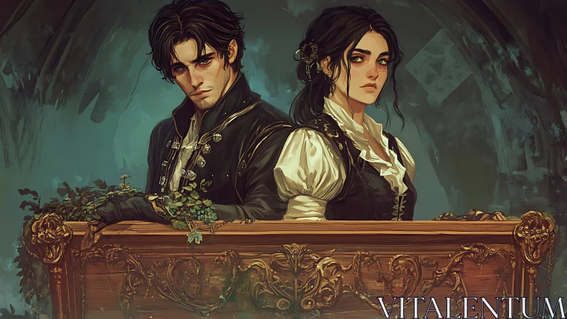 Dark-haired fantasy couple at ornate wooden railing.