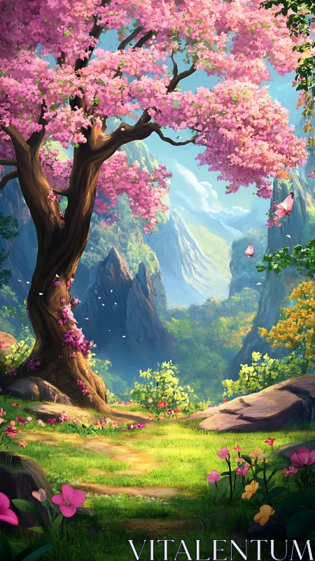 Blossoming spring tree in bright valley landscape scene.