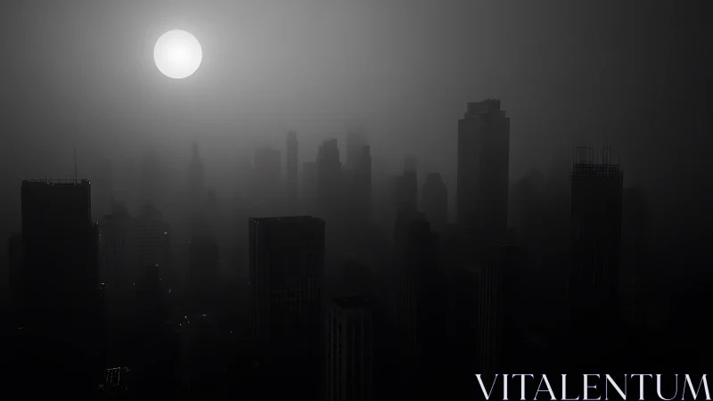 Dark foggy city skyline under harsh white sun at dusk.