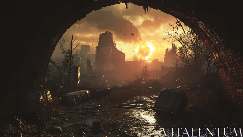Sunken city smolders beneath a feral postnuclear sunrise.