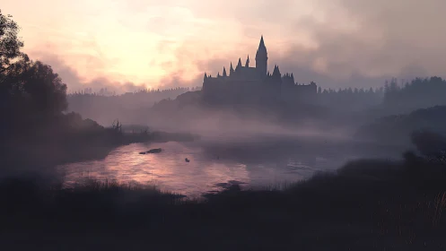 Mist-cloaked lakeside castle dreaming beneath rose sunrise.
