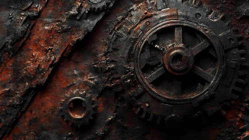 Weathered iron gears glowing softly in rustic shadows.