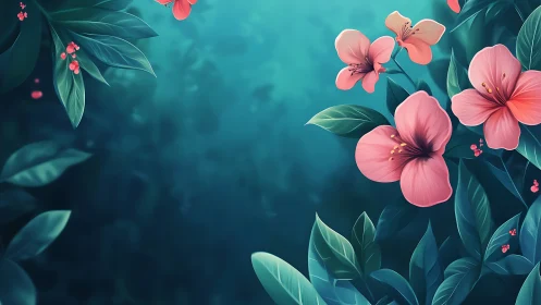 Pink Blooms Against Teal Gradient with Botanical Foliage.