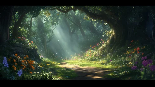 Luminescent Forest Tunnel with Volumetric Lighting and Flowering Perimeter