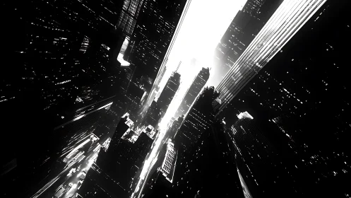 Skyscraper canyons tilt into a blinding river of neon light