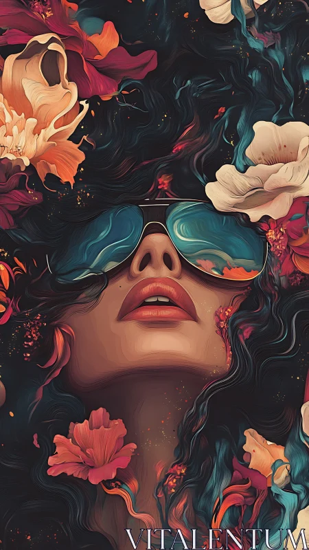 Surreal woman in neon florals emerges from dreamlike shadows