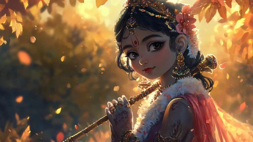 Girl in ornate attire holds flute amid glowing autumn light