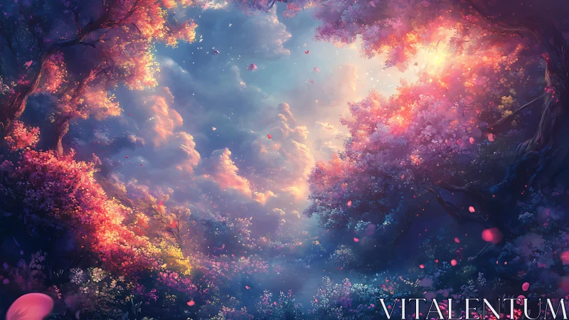 Enchanted twilight grove under glowing floral canopy.