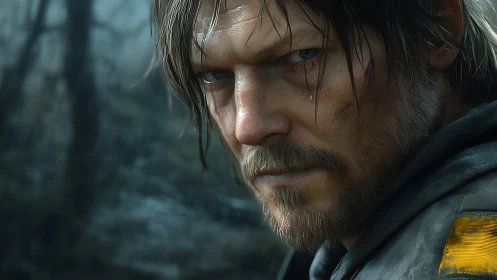 Brooding bearded survivor stares ahead in rainy wilderness.