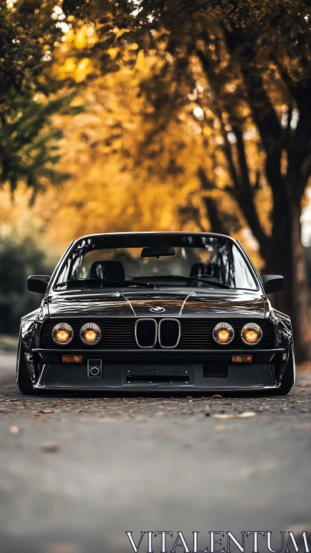 Front view shows modified classic sedan on tree-lined road
