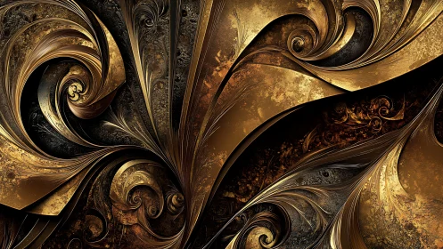 Baroque metallic fractal scrolls in layered golden turbulence.