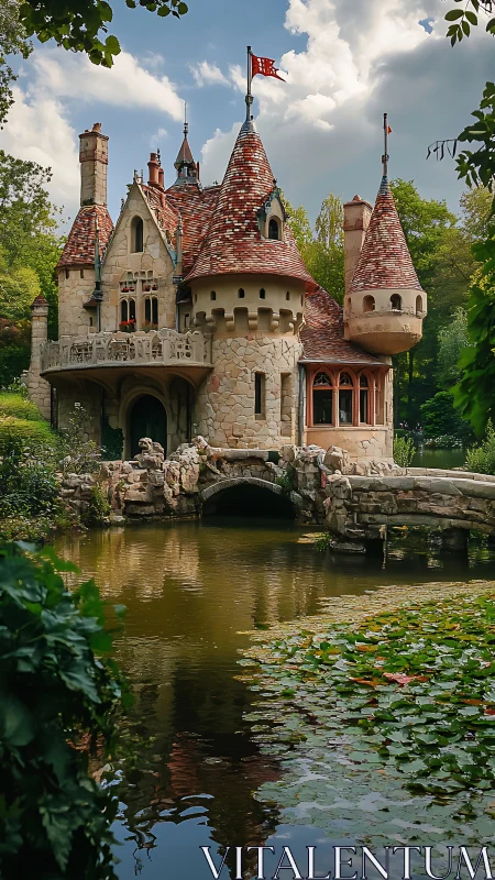 Storybook stone castle reflected in tranquil lily pond.