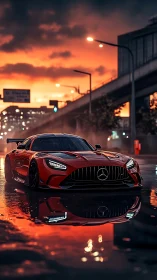 Sunset city streets welcome a sleek red sports car in motion