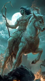 Moonlit warrior crowns the tempest on a rearing celestial steed