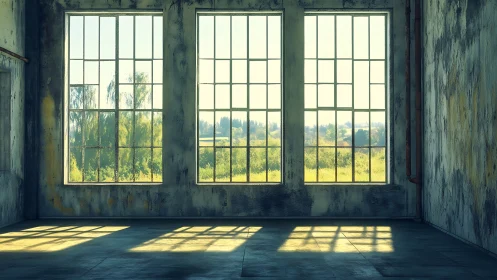 Sunlit abandoned loft overlooks a bright summer meadow