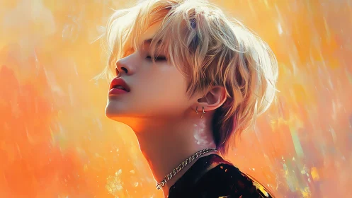 Blond androgynous portrait against vivid orange light.