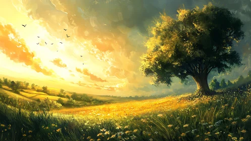 Sunlit meadow leans into a storm of molten painted sky