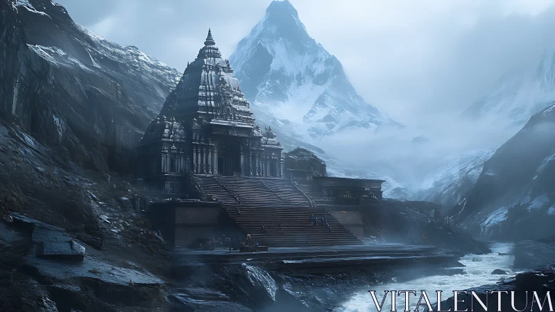 Temple complex rises in misty glacial mountain gorge at dusk.