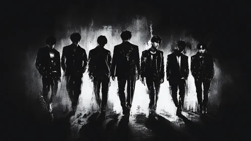 Seven suited male silhouettes walk in high contrast shadows