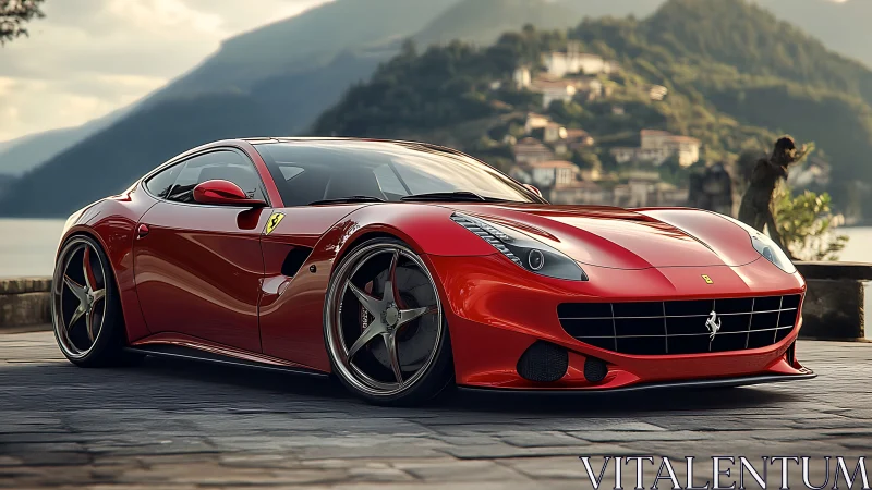 Scarlet lakeside speed sculpture under soft mountain haze.