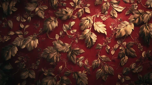 Gold leaf embroidery on deep red decorative fabric pattern.