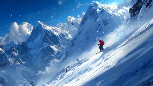 Lone skier carving a fast descent down bright alpine slope.