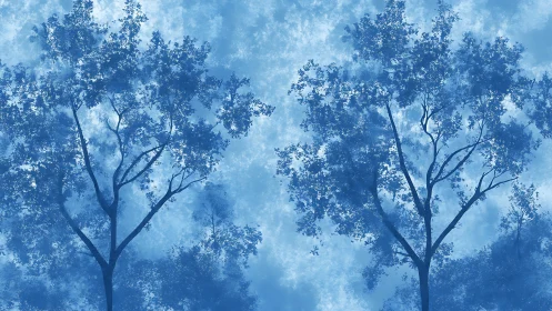 Monochrome blue forest silhouettes echo in soft misty light.