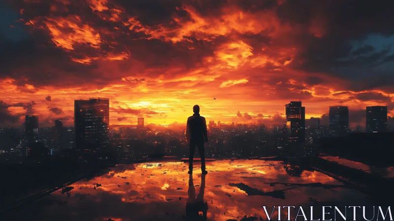 Lone silhouette on rooftop against blazing cyberpunk sunset.