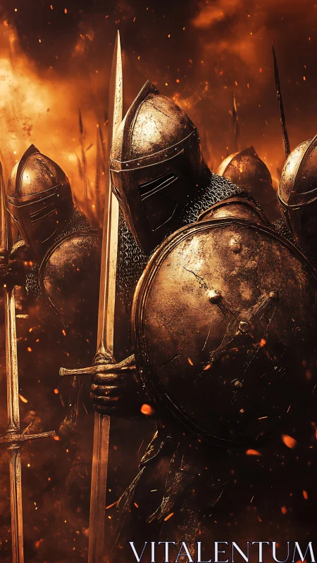 Armored medieval soldiers hold swords and shields in battle