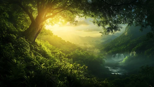 Golden Light Through Ancient Forest Canopy.