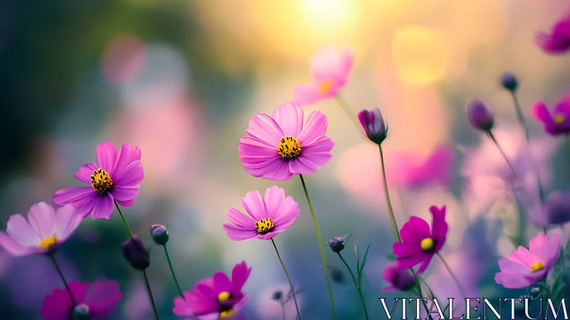 Cosmos flowers in luminous soft-focus botanical composition with depth of field