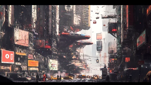 Crowded cyberpunk city street with flying and ground traffic.