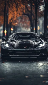 Black sports coupe on wet tree-lined street at dusk.