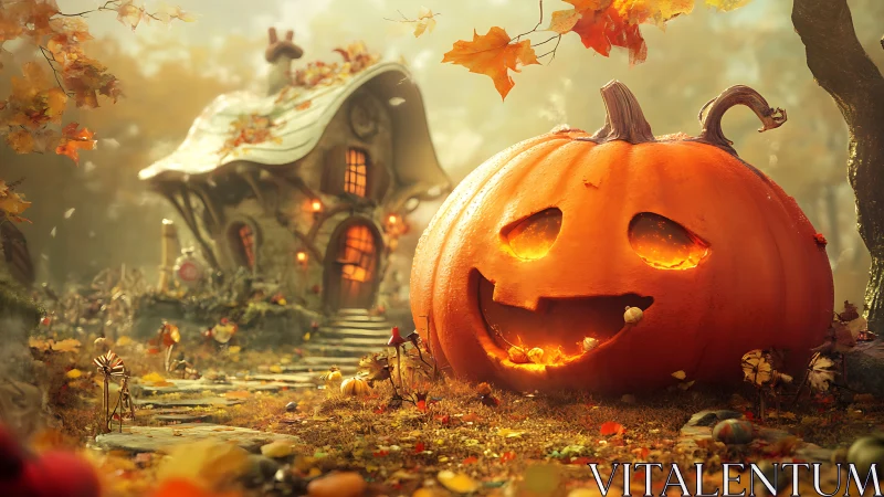 Large carved pumpkin stands before small curved-roof cottage