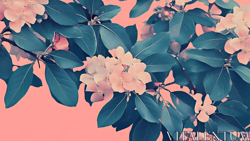 Floral Cluster with Teal Foliage Against Coral Background