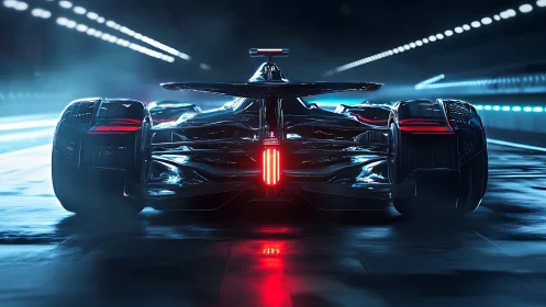 Futuristic race car accelerates through neon tunnel night