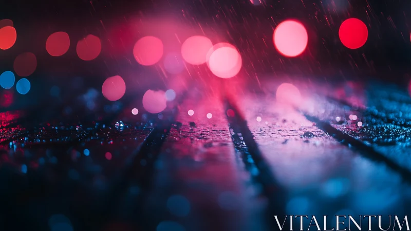 Rainy night lights glowing softly on a colorful city street.