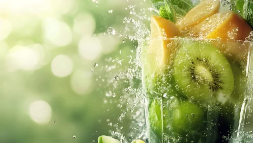 Fresh citrus and kiwi slices splashing in clear water.