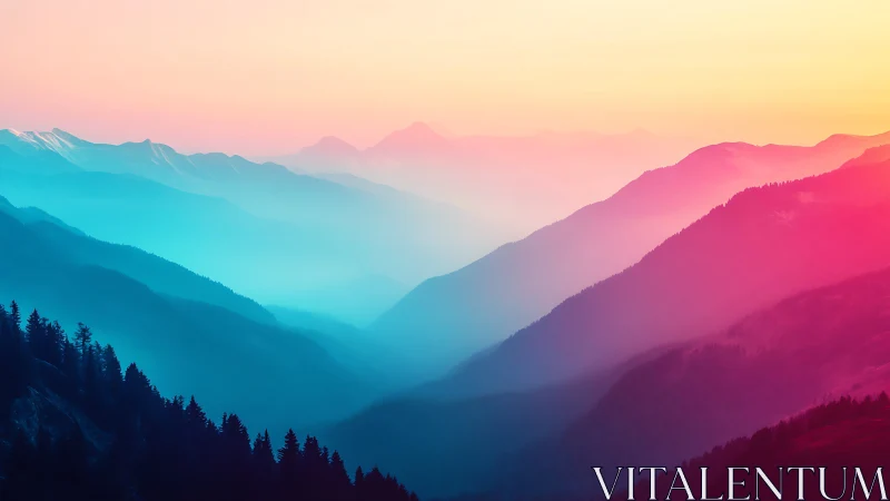 Gradient-lit alpine mountain ridges with atmospheric color haze