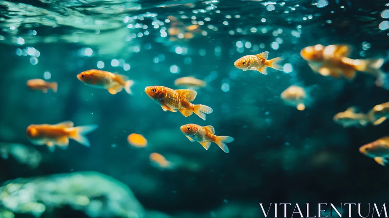 Orange fish swimming underwater in blurred aquatic scene.