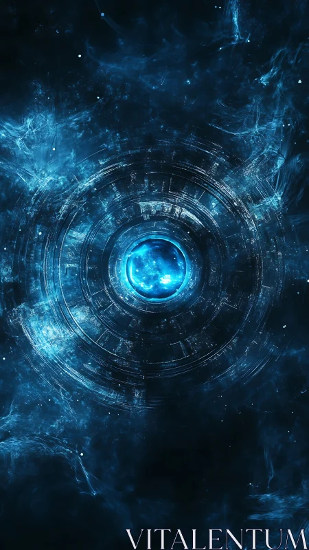 Stellar energy core anchors radiant blue cosmic gateway.