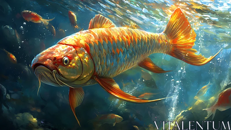 Golden koi rendered in dynamic underwater digital painting
