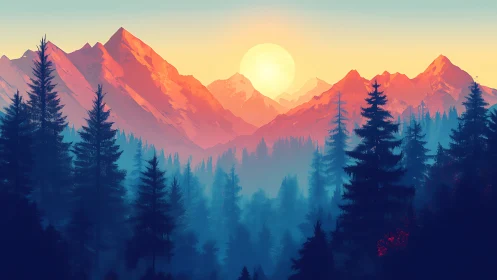 Sunrise paints misty pines and neon peaks into quiet fire