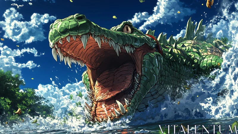 Thunderous river dragon leaps from the waves in bright sun.