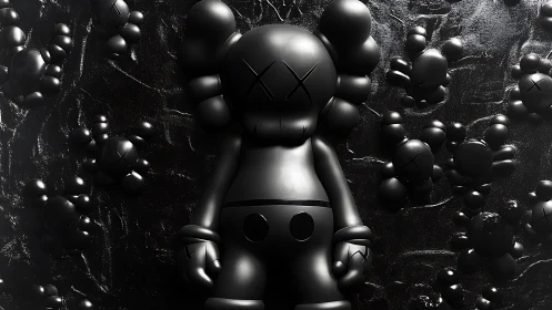 Black vinyl toy figure lies on textured glossy surface