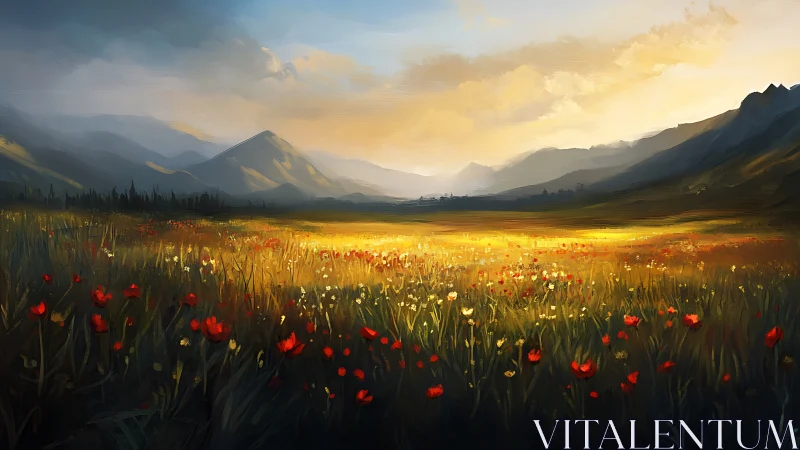 Golden wildflower valley under dramatic mountain dusk sky.