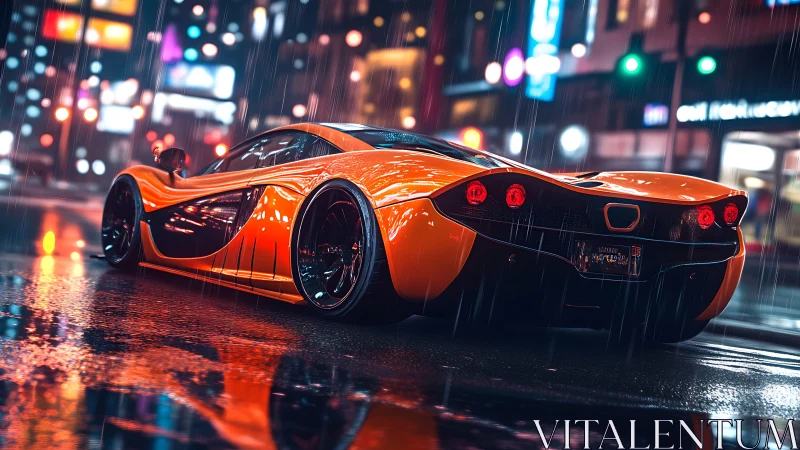 Orange hypercar cuts through neon city rain at night