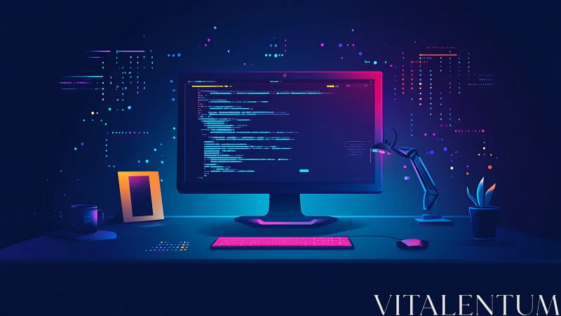 Neon-lit coder’s desk glows with futuristic focus and calm